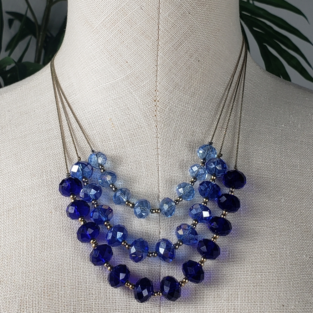Brilliant Blue 3 Stranded Glass Borealis Necklace - Vintage Retro Glamour Luxury